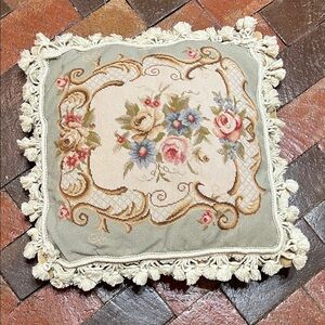 Vintage 16 x 16 tapestry floral pillow with tassels